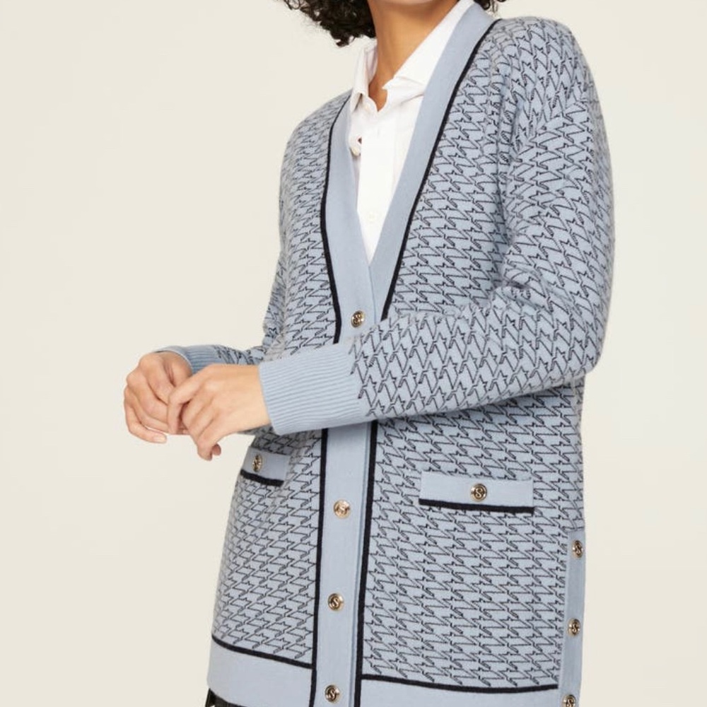 Sandro Light Blue Patterned Knit Cardigan with Black Trim - Picture 6 of 9